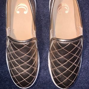 NEW Women's CC Shiny Rose Gold Quilted Slip-Ons